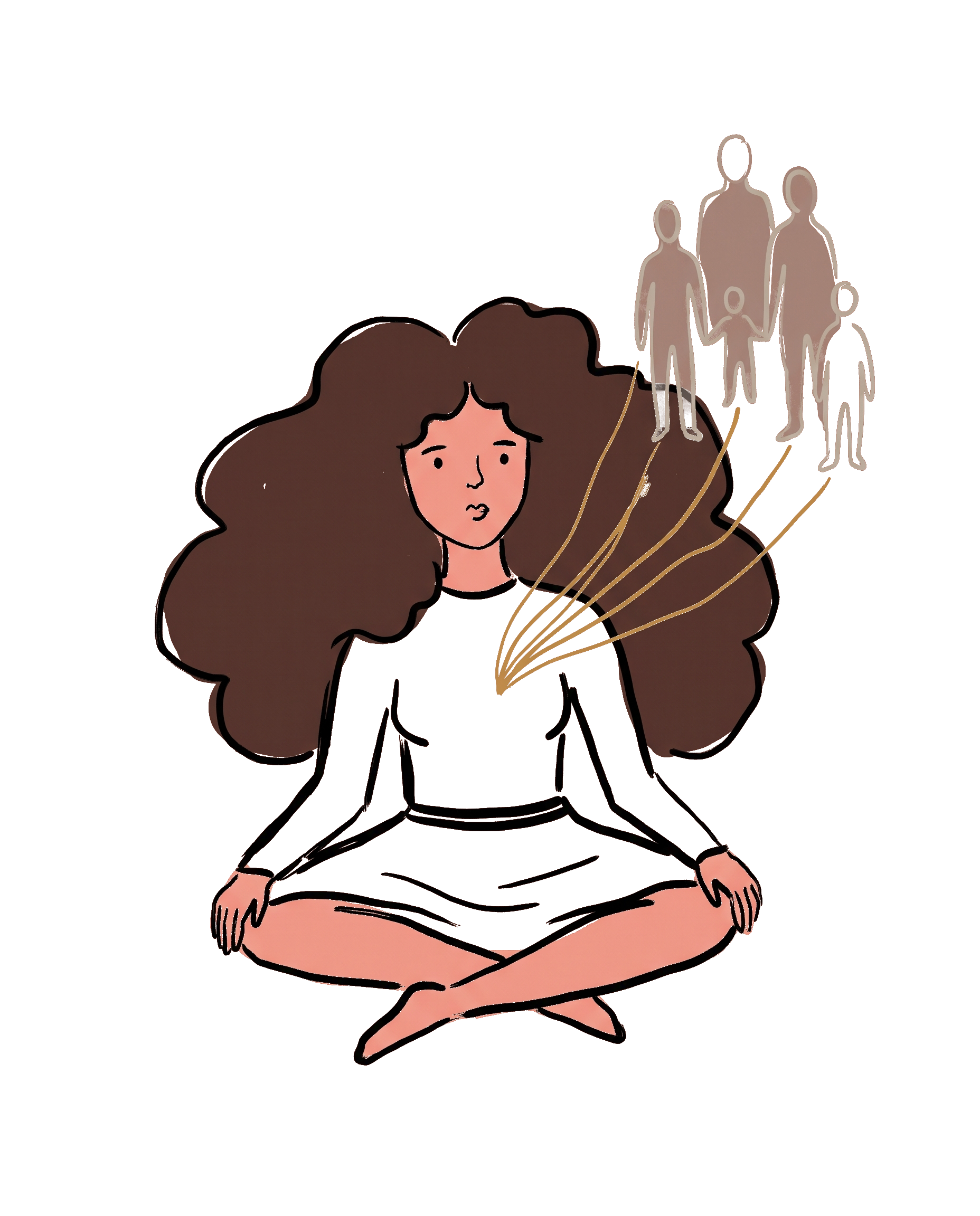Ilustração de mulher em constelação familiar, conectada por fios dourados a silhuetas da família