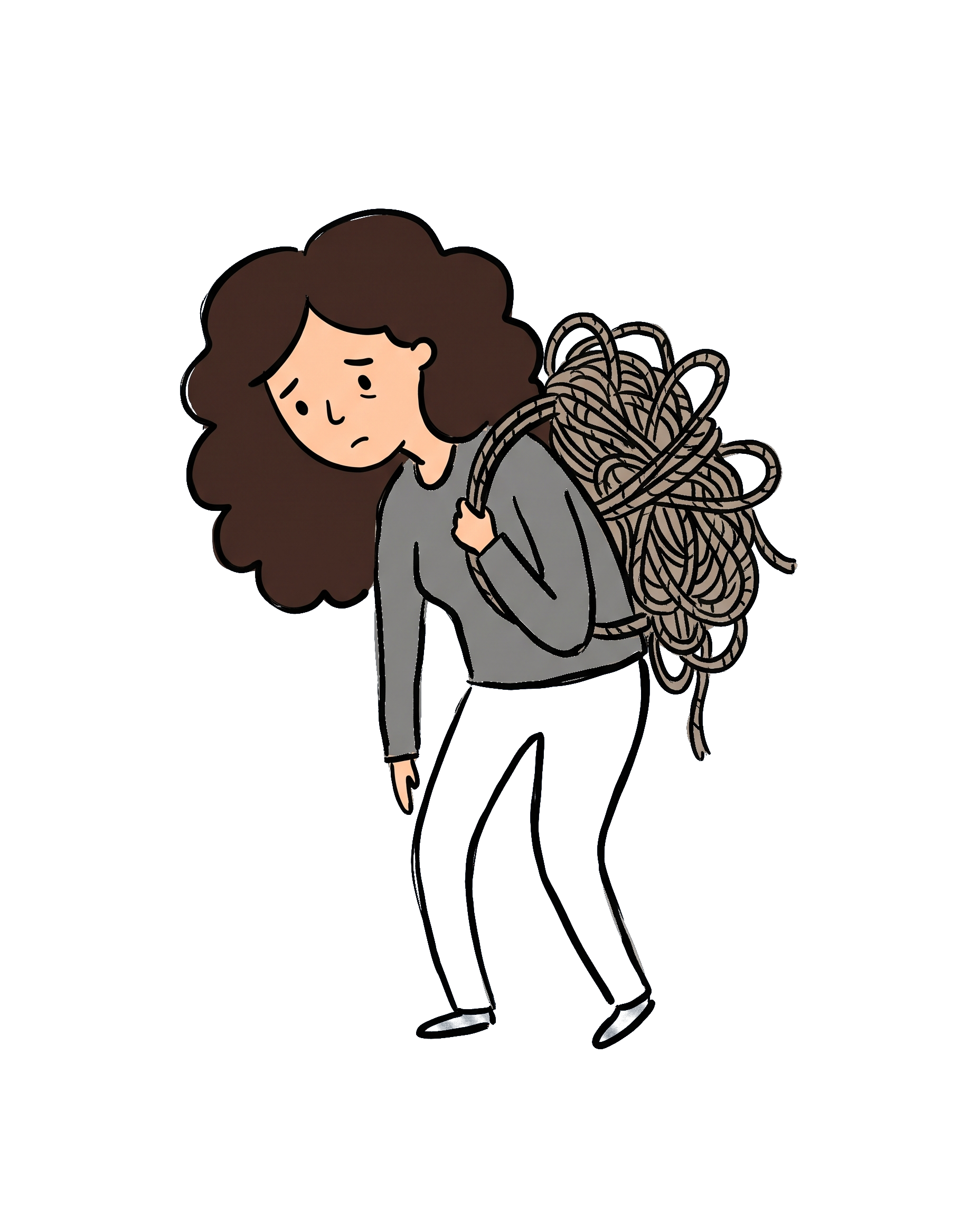 Ilustração de mulher carregando um peso invisível em forma de nó nas costas